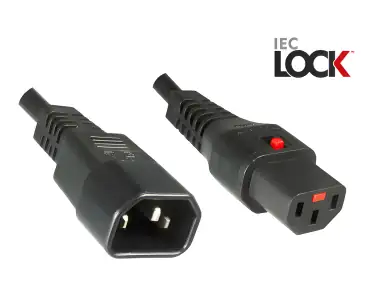 DINIC Kaltgerätekabel C14 auf C13 mit Verriegelung, 1mm², Verlängerung, schwarz, 2m